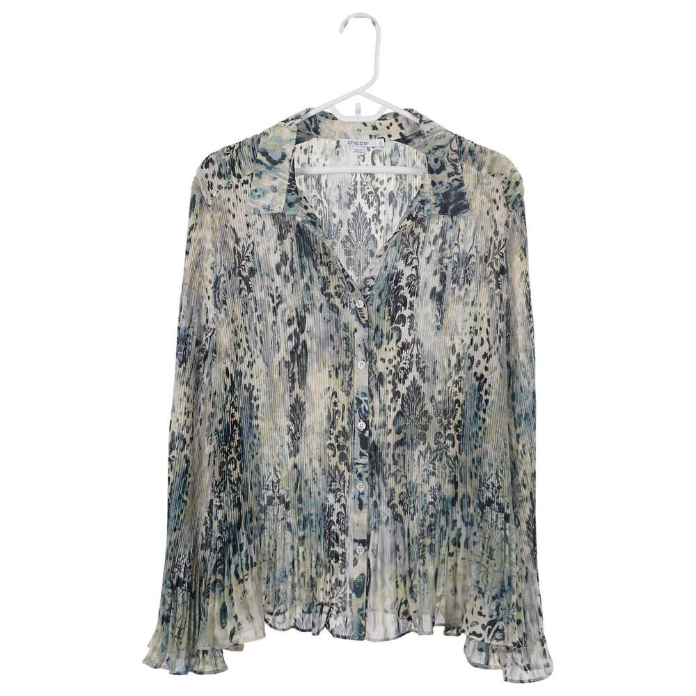 Chico's Top 4 US 20 Animal Damask Print Pleated Button Up Bell Sleeve Sheer